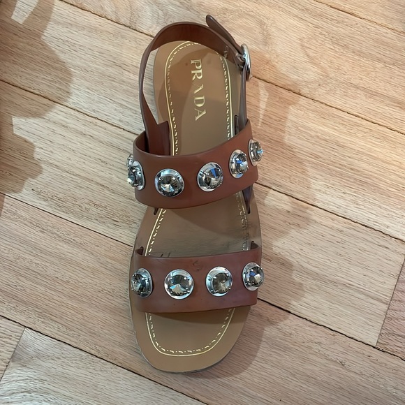 Prada Brown Leather Sandals with Large Rhinestones - Picture 7 of 9